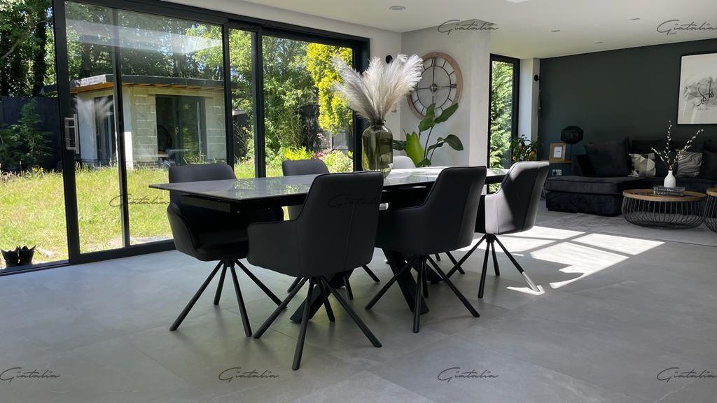 Phoenix 160-240cm White Ceramic Marble Extending Table + Grey Velvet Swivel Dining Chairs