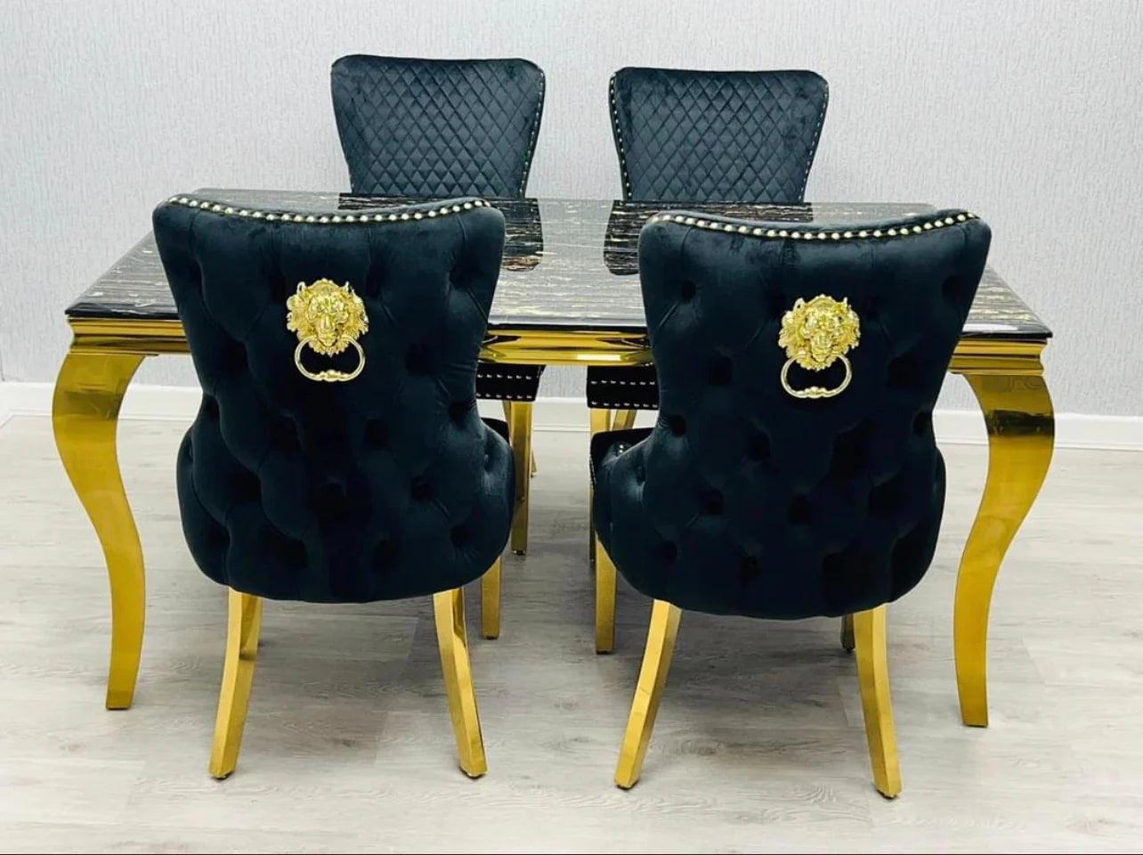 Louis Marble Dining Table Black And Gold With Victoria Black And Gold Lion Knocker Chairs