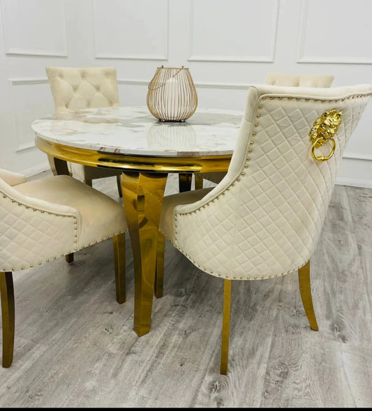 Louis 130cm Round Cream & Gold Marble Dining Table + Majestic Cream Gold Lion Knocker Dining Chairs