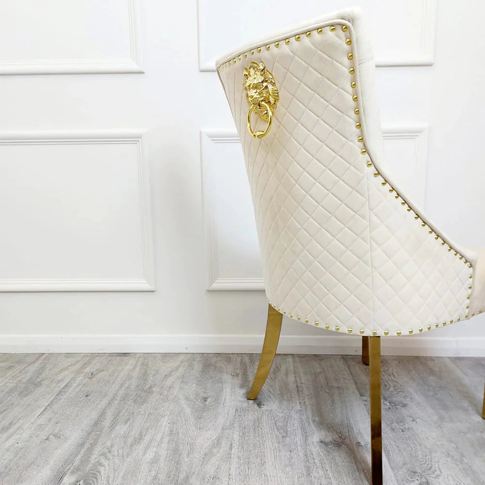 Valeo 180cm Gold Dining Table with Polar White Sintered Stone Top With Set of Gold Lion Knocker Dining Chairs