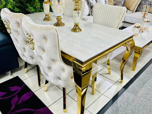 Louis 160cm Cream & Gold Marble Dining Table With Set of Valentino Cream Gold Lion Knocker Velvet Dining Chairs