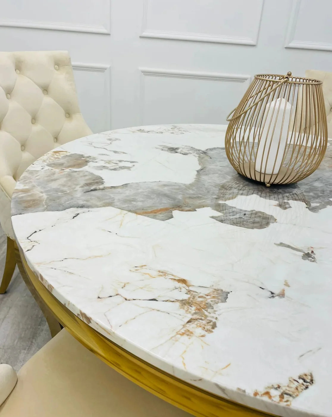 Louis 130cm Round Cream & Gold Marble Dining Table + Majestic Cream Gold Lion Knocker Dining Chairs