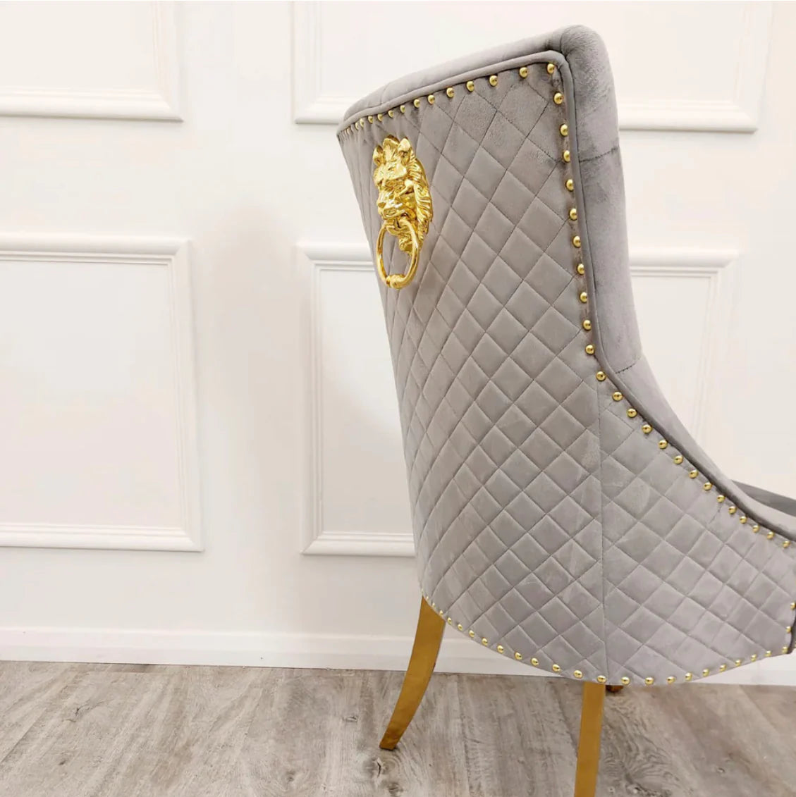Louis 130cm Round Cream & Gold Marble Dining Table + Majestic Cream Gold Lion Knocker Dining Chairs