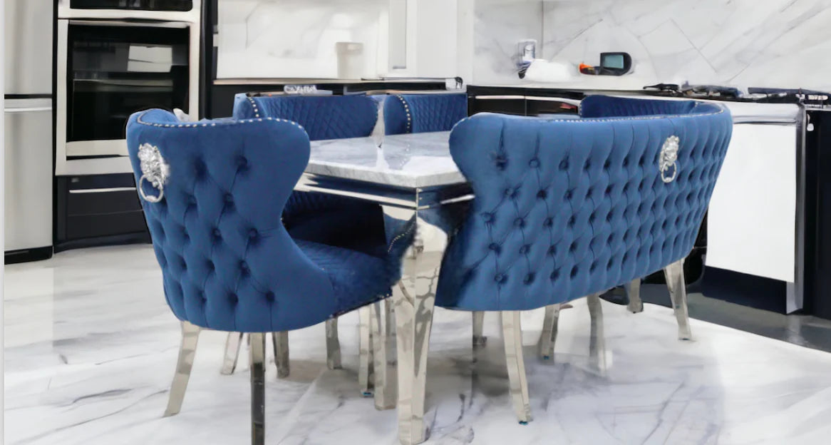 Louis Marble Dining Table + Valentino Dining Chairs Lion Knocker Blue & Valentino Bench Blue