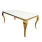 Louis Gold & White Marble Dining Table With Cream & Gold Lion Knocker Button Back Dining Chairs