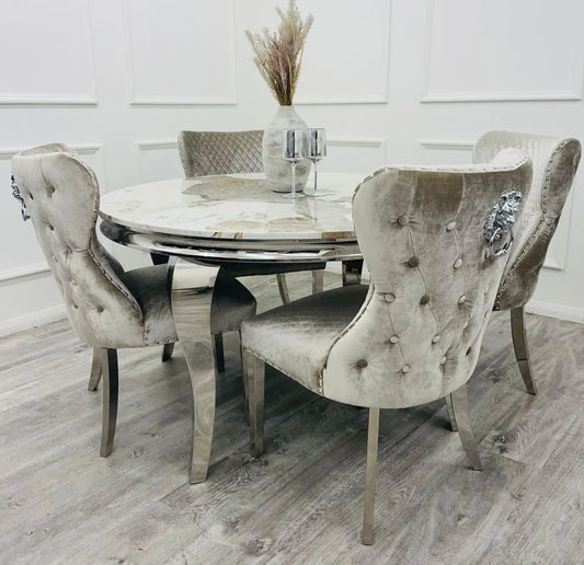 130cm Round Dining Table Pandora + Mink Dining Chairs Lion Knocker