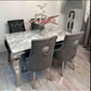 Louis Marble Dining Table Light Grey + Majestic PU Leather Chairs Dark Grey Lion Knocker