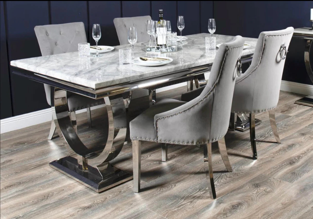 Ariana Marble Dining Table Light Grey + Jessica Dining Chairs Ring Knocker Light Grey