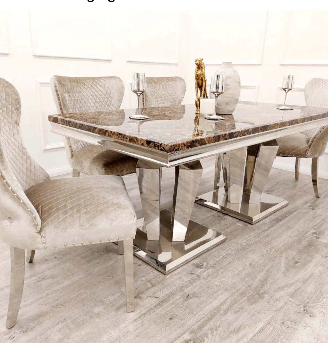 Athena Marble Dining Table + Valentino Mink Dining Chairs Lion Knocker