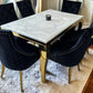 Louis Marble Gold Dining Table White + Gold Dining Chairs Black Lion Knocker