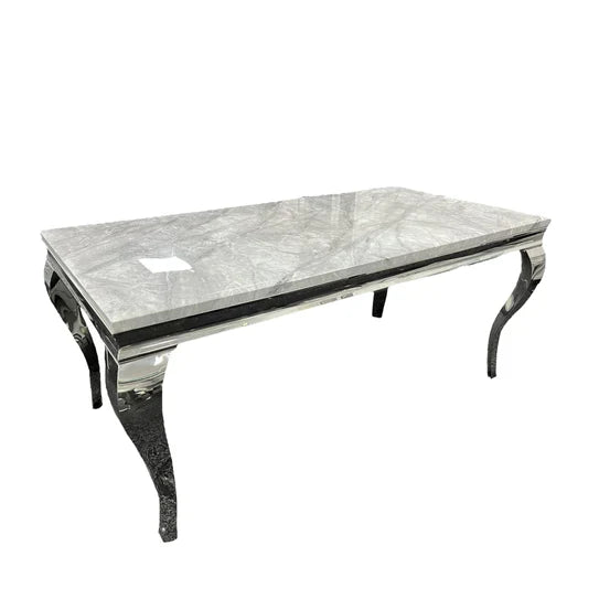 Louis Grey Marble Dining Table 150cm/ 180cm/ 200cm + Sandhurst Button Back Plush Velvet Dining Chairs, Dark Grey