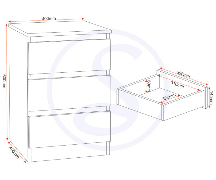 Malvern 3 Drawer Bedside