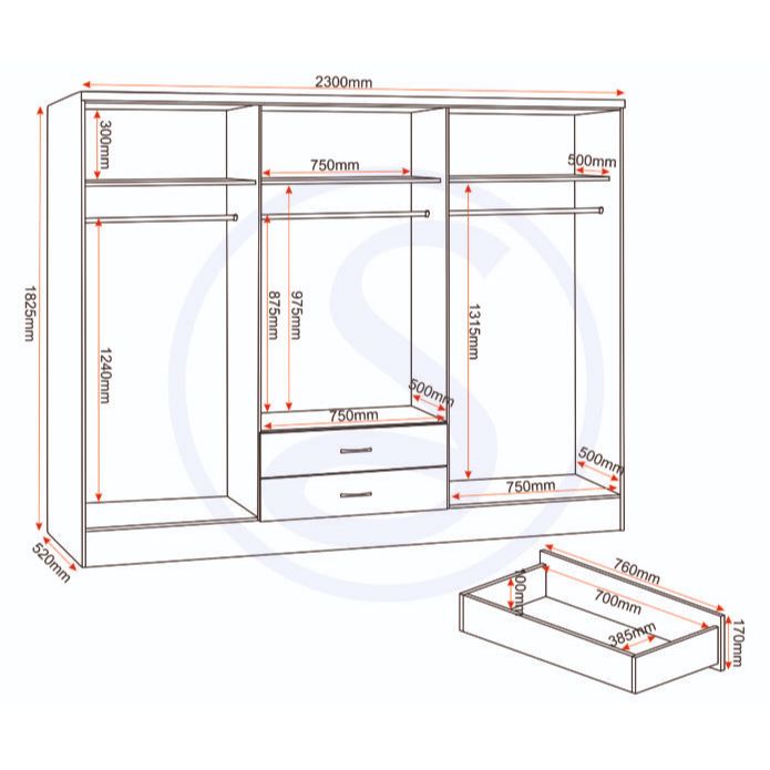 Nevada 6 Door 2 Drawer Mirrored Wardrobe