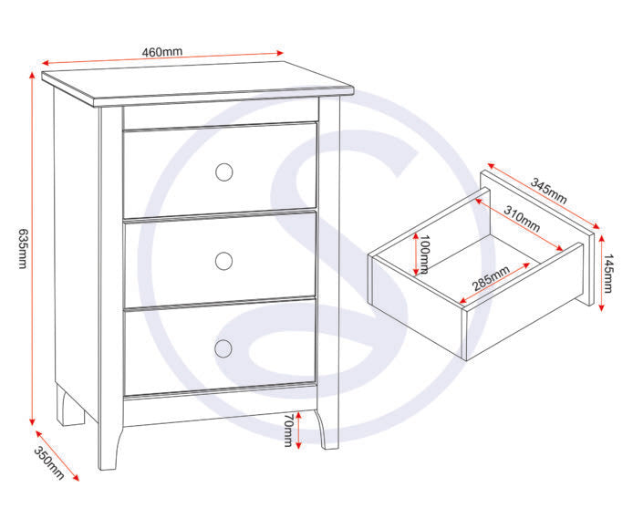 Oslo 3 Drawer Bedside