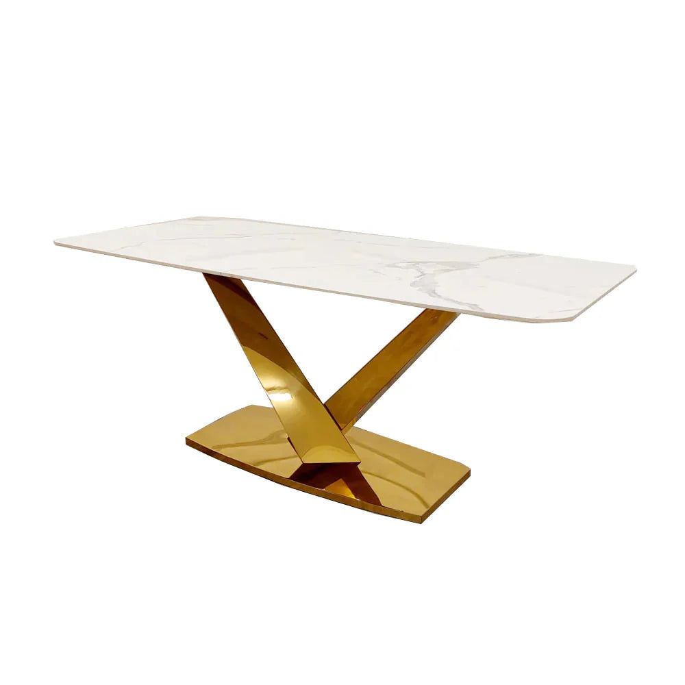 Valeo 180cm Gold Dining Table with Polar White Sintered Stone Top With Set of Gold Lion Knocker Dining Chairs