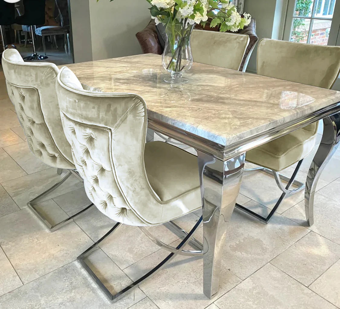 Louis Grey Marble Dining Table 150cm/ 180cm/ 200cm + Sandhurst Button Back Plush Velvet Dining Chairs, Dark Grey