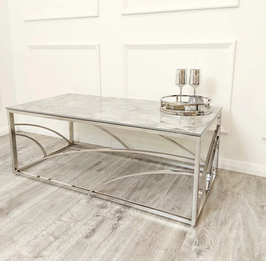 Stella Chrome Coffee Table With Stomach Ash Grey Sintered Top