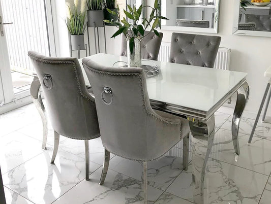 Louis White Glass Table With Valencia Dark Grey Ring Knocker Chair