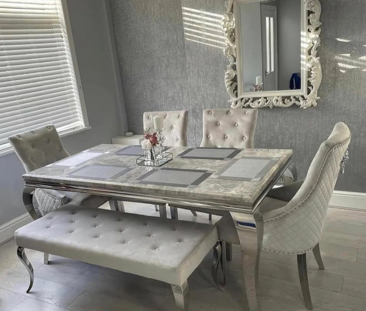 Louis Marble Dining Table With 4 Bentley Light Grey Lion Knocker Chairs & Matching Bench