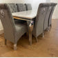 Louis Marble Dining Table Light Grey 200cm With Dark Grey Sofia Lion Knocker Chairs