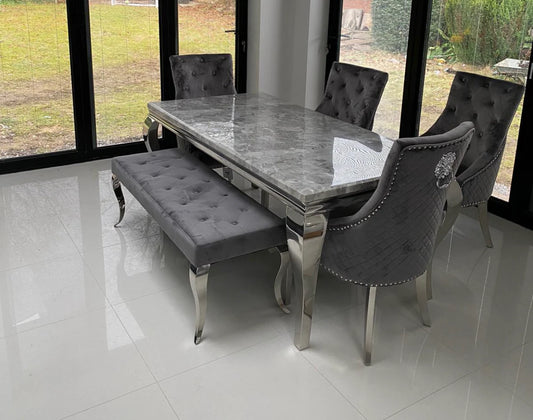 Louis Marble Dining Table 180cm With 4 Majestic Lion Knocker Chairs & Bench