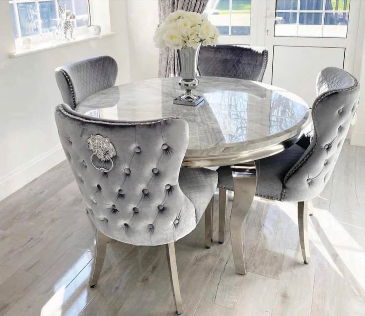 Marble Round Table Light Grey Chelsea 130cmx130cm With Silver Valentino Lion Knocker Chairs