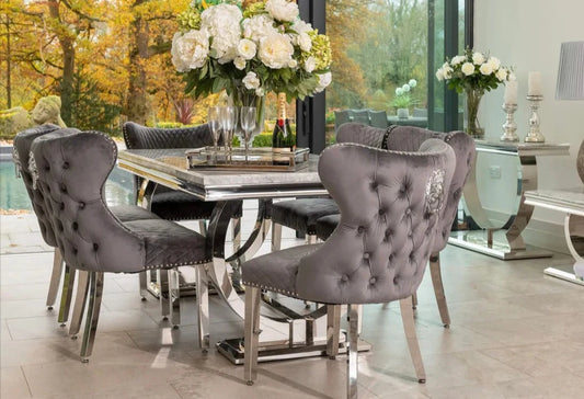 Arianna Marble Dining Table With Valentino Lion Knocker Chairs