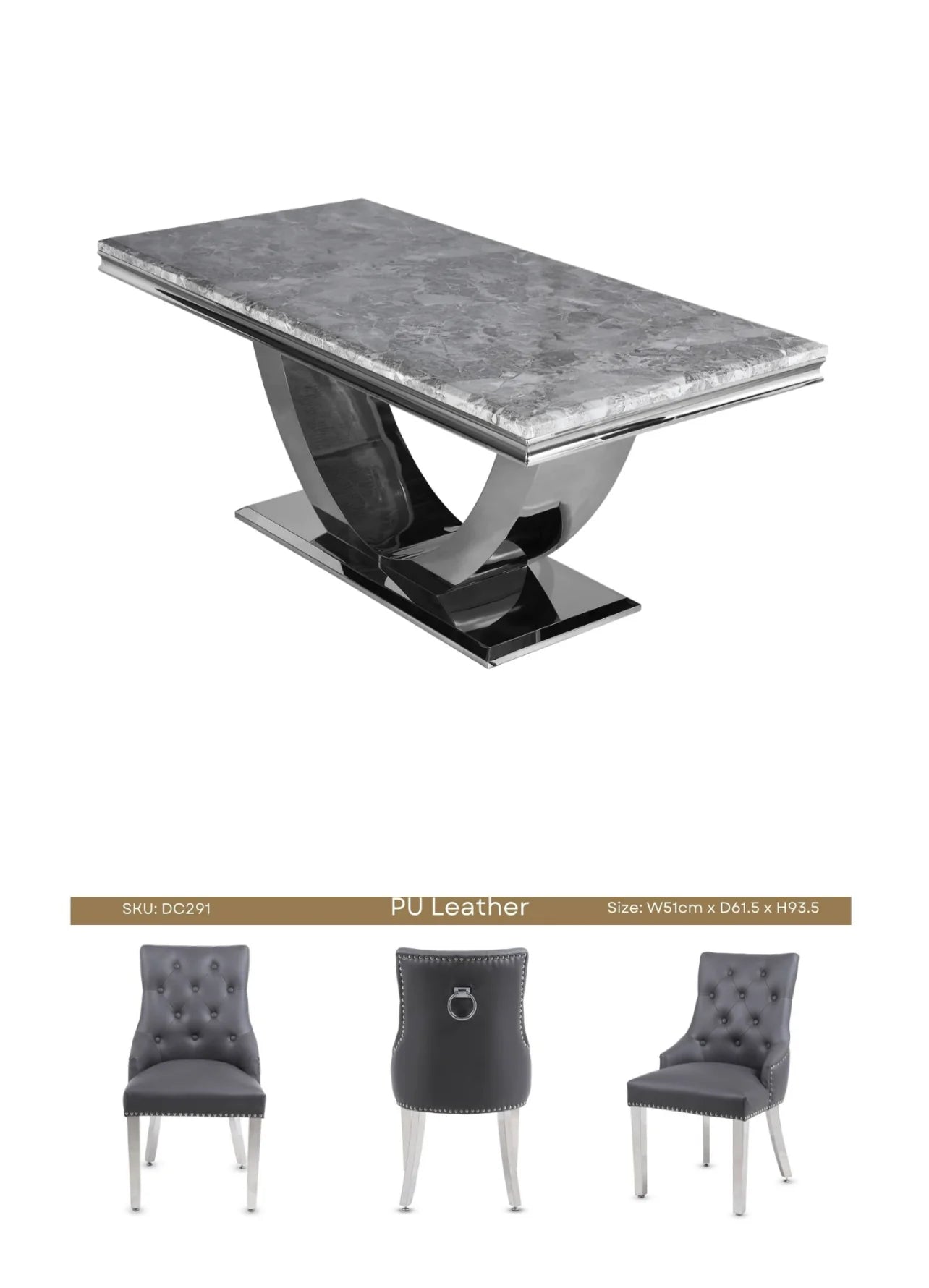 Ariel Table Light Grey 180cm With Valencia Ring Knocker Pu Leather Chairs Grey