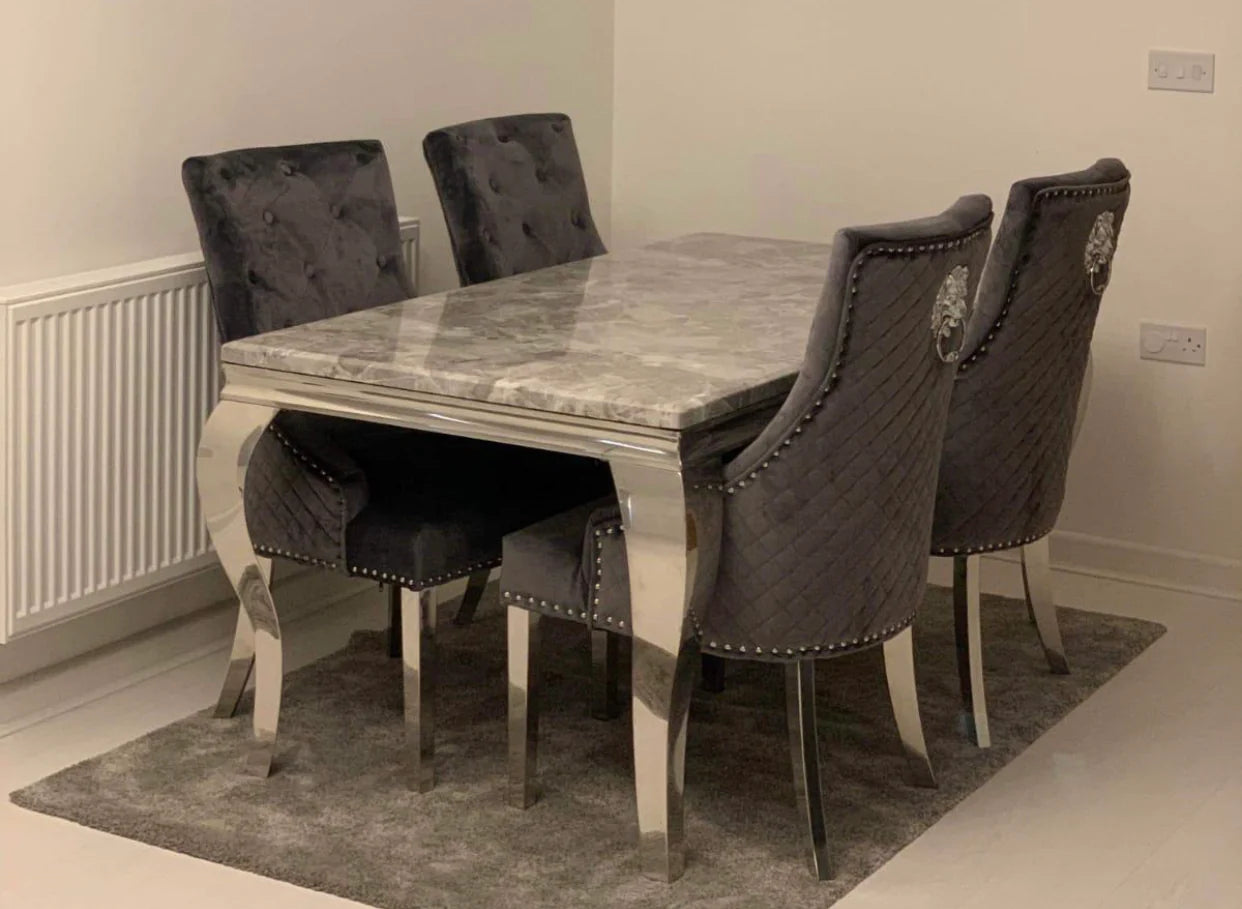 Louis Marble Table With Majestic Dark Grey Lion Knocker Chairs