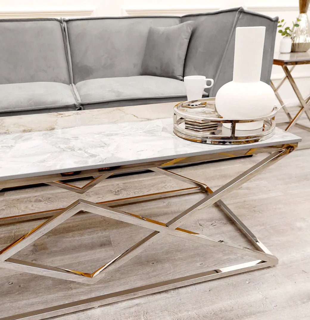 Vesta Chrome Coffee Table With Stomach Ash Sintered Stone Top