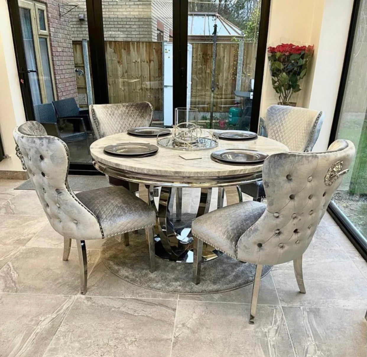 Marble Round Table Light Grey Chelsea 130cmx130cm With Silver Valentino Lion Knocker Chairs