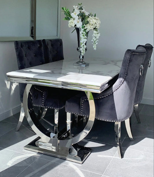 Arianna White Table With Valencia Dark Grey Ring Knocker Chairs