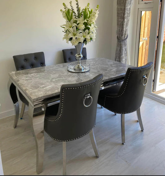 1.5M Louis Light Grey Table With 4 Valencia Pu Leather Dark Grey Ring Knocker Chairs