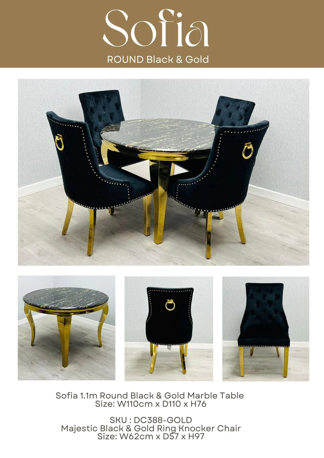 Round Marble Table Black & Gold With Black And Gold Majestic Chairs Ring Knocker