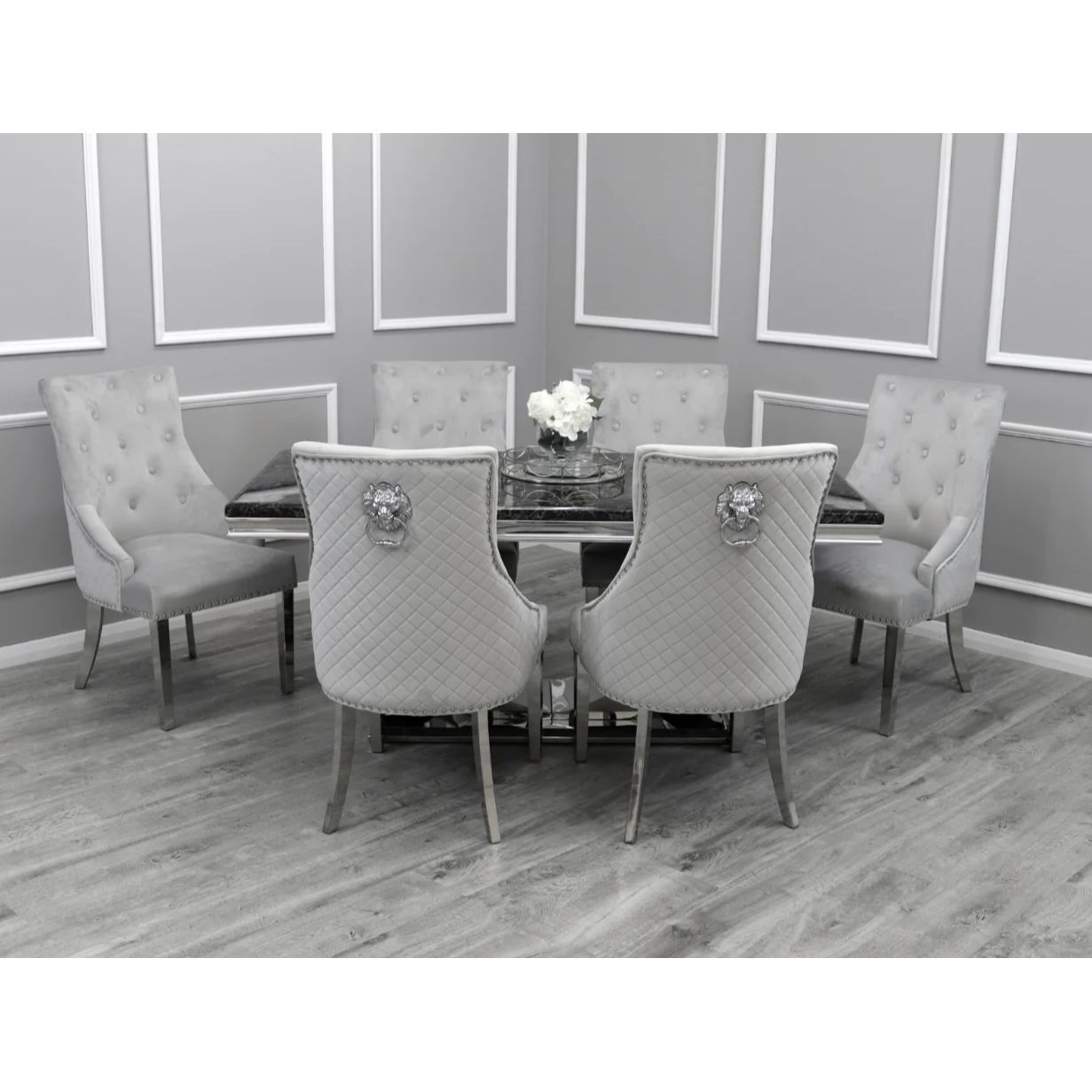 Ariel Marble Dining Table Black With Majestic Light Grey Lion Knocker Chairs