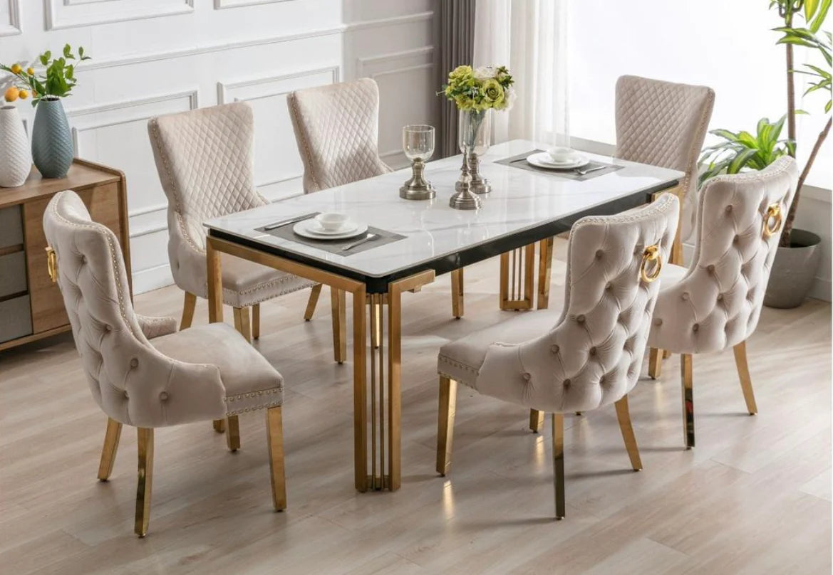 Sorrento Marble Dining Table White And Gold With Cream And Gold Chairs