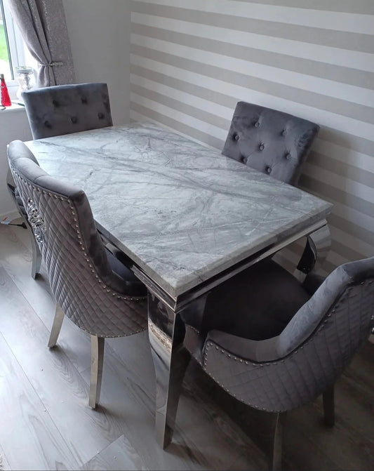 Louis Light Grey Marble Table With Majestic Dark Grey Chairs