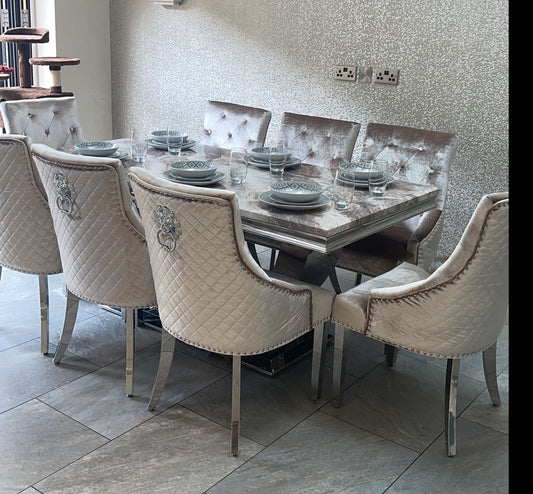 Ariel Marble Dining Table Biege With Bentley Beige Lion Knocker Chairs