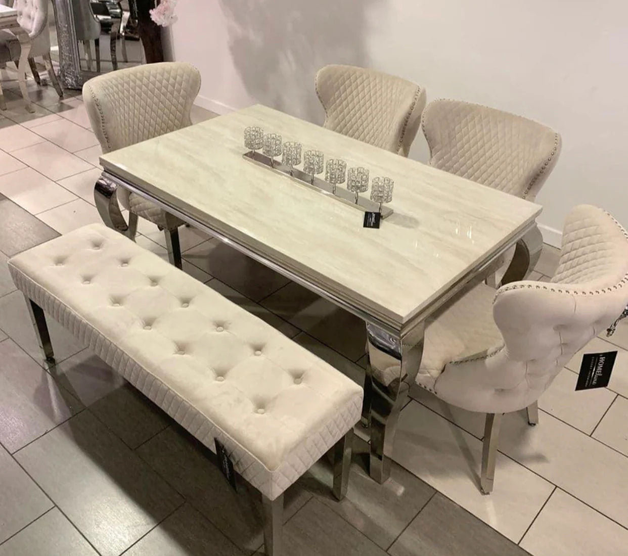 Louis Marble Dining Table Cream With Valentino Mink Lion Knocker Chairs With Majestic Matching Bench