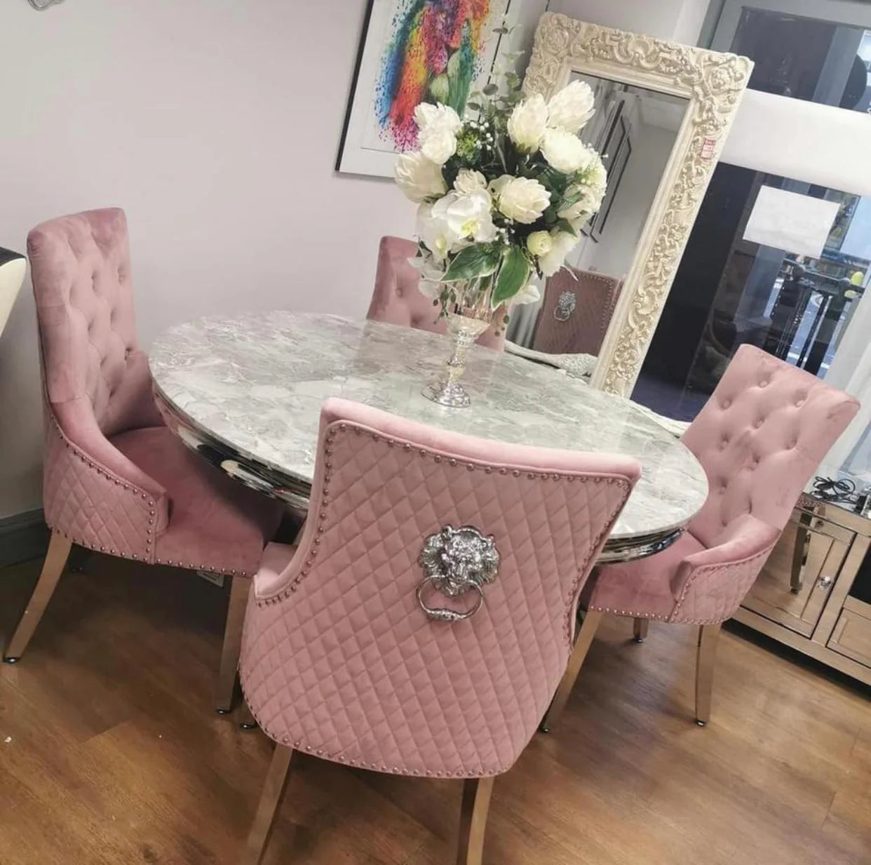 Chelsea 130x130cm Round Table With Pink Majestic Lion Knocker Chairs