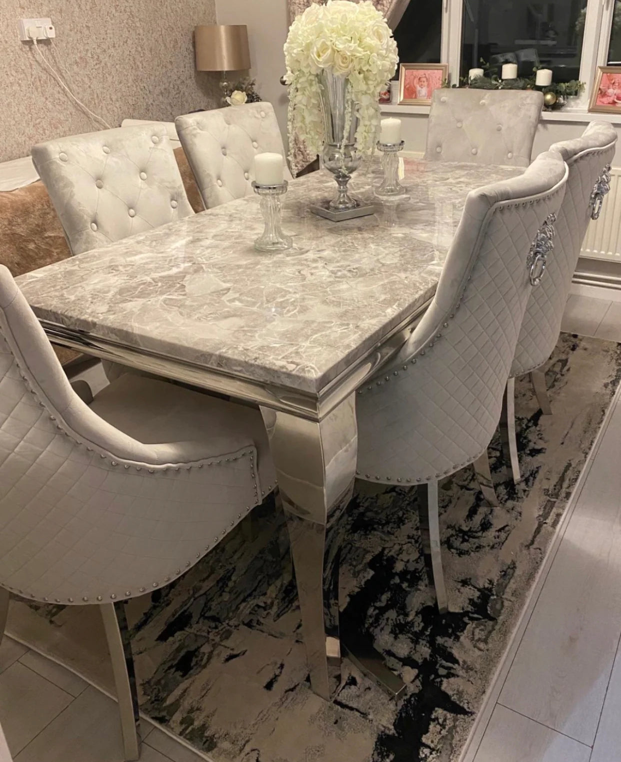 Louis Marble Table With Majestic Dark Grey Lion Knocker Chairs