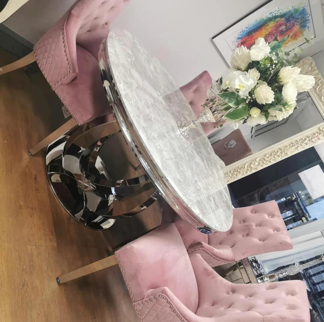 Chelsea 130x130cm Round Table With Pink Majestic Lion Knocker Chairs