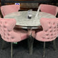 Louis Marble Round Table Light Grey With 4 Pink Valentino Lion Knocker Chairs