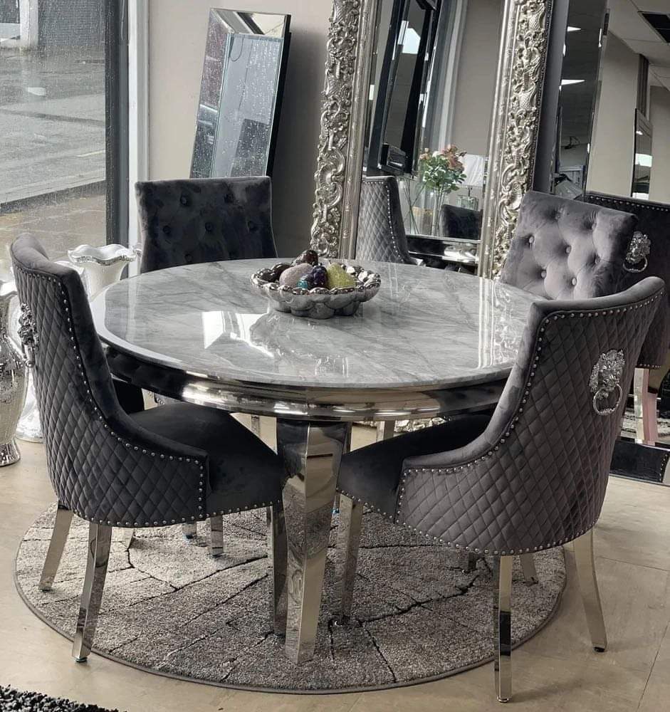 Louis 130x130cm Light Grey Round Table With 4 Dark Grey Majestic Lion Knocker Chairs