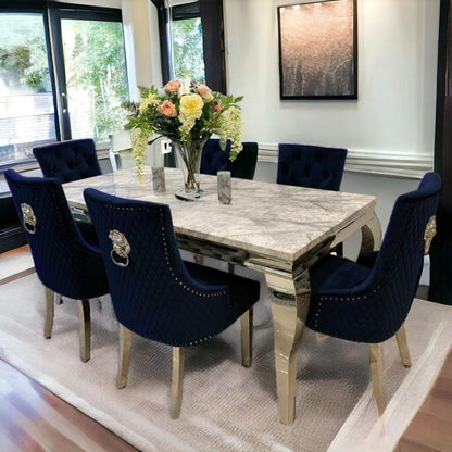 Louis Marble Dining Table Light Grey With Black Majestic Lion Knocker Chairs