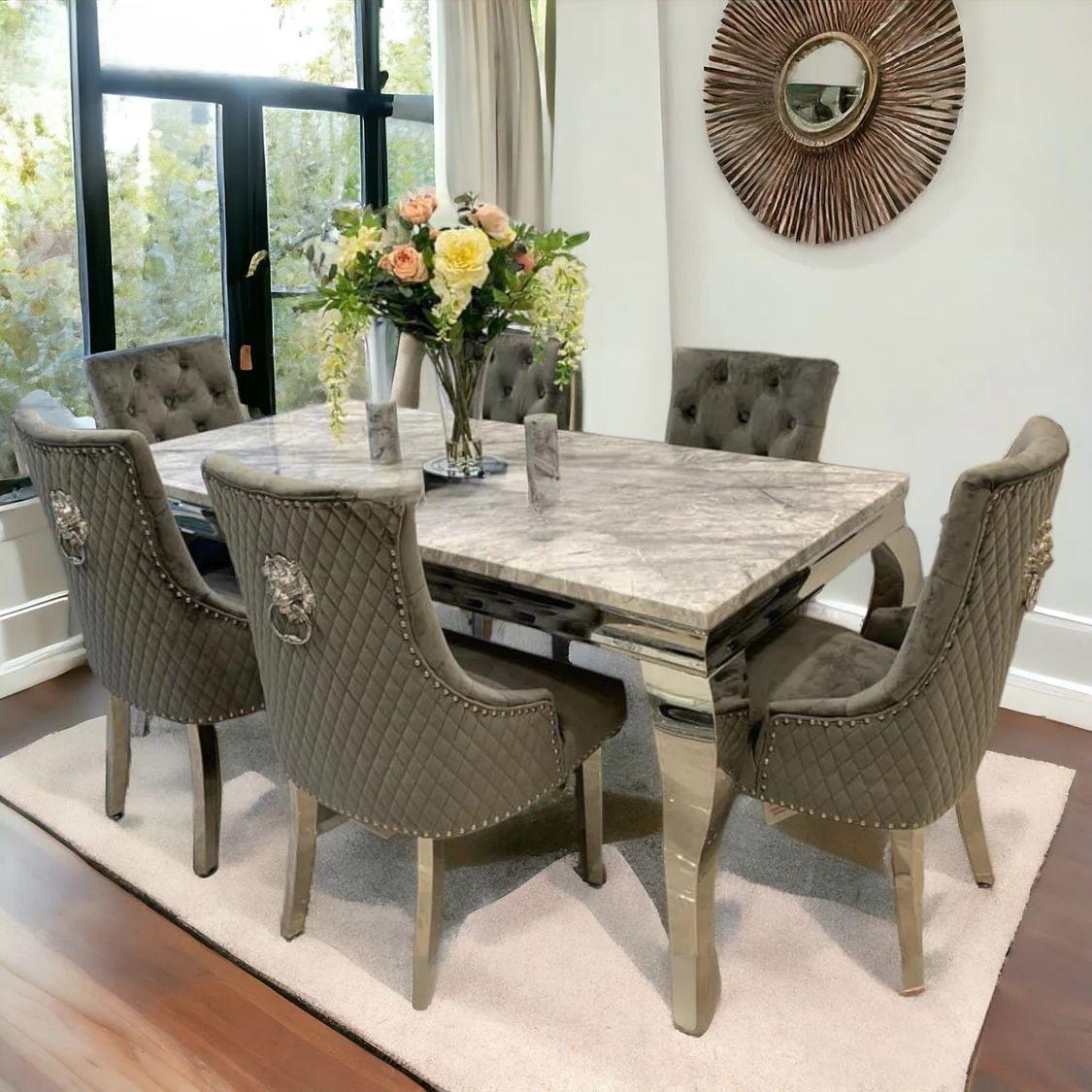 Louis 150cm/180cm/200cm Grey Marble Dining Table With set of Lion Knocker Velvet Dining Chairs, Dark Grey