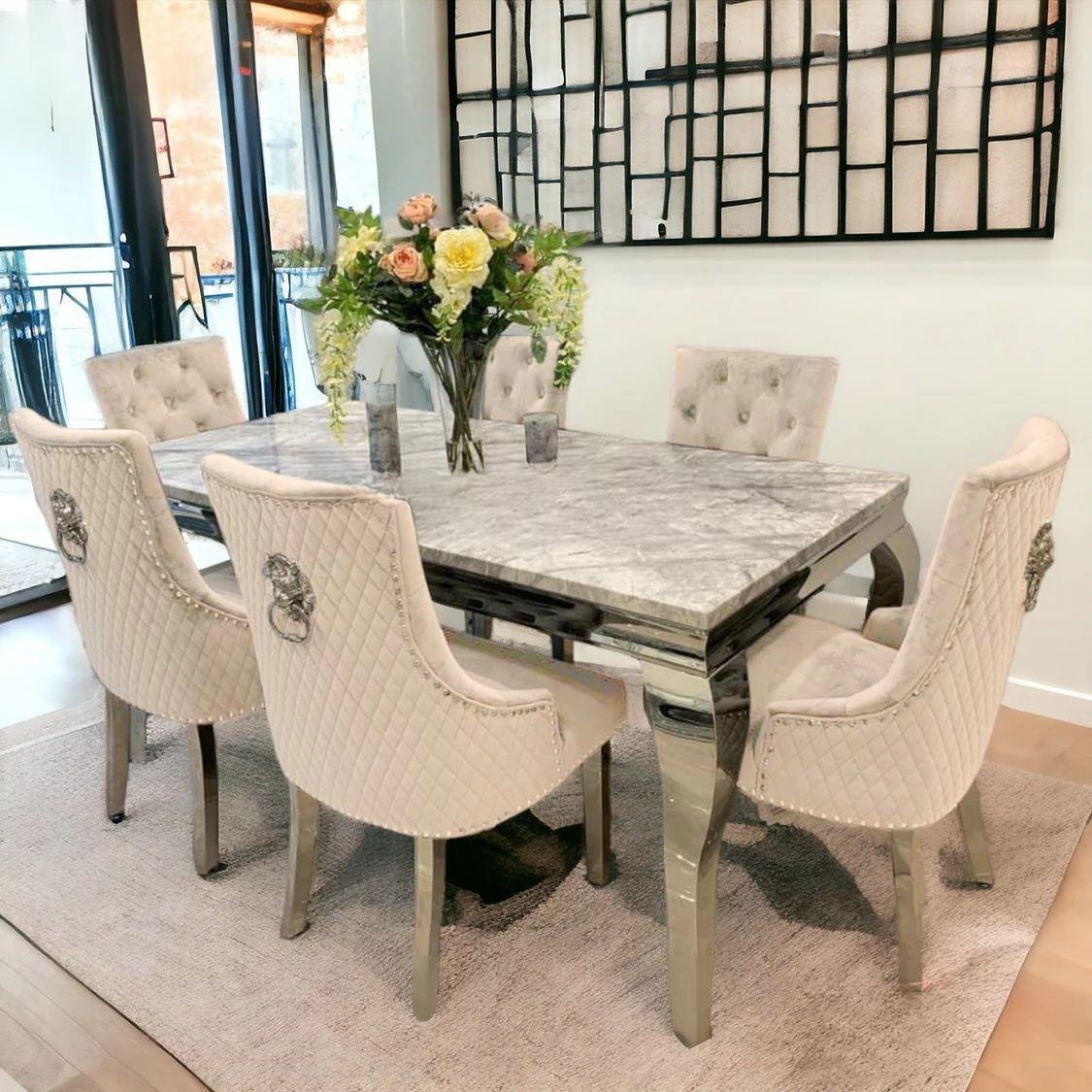 Louis 150cm/180cm/200cm Grey Marble Dining Table With set of Lion Knocker Velvet Dining Chairs, Dark Grey