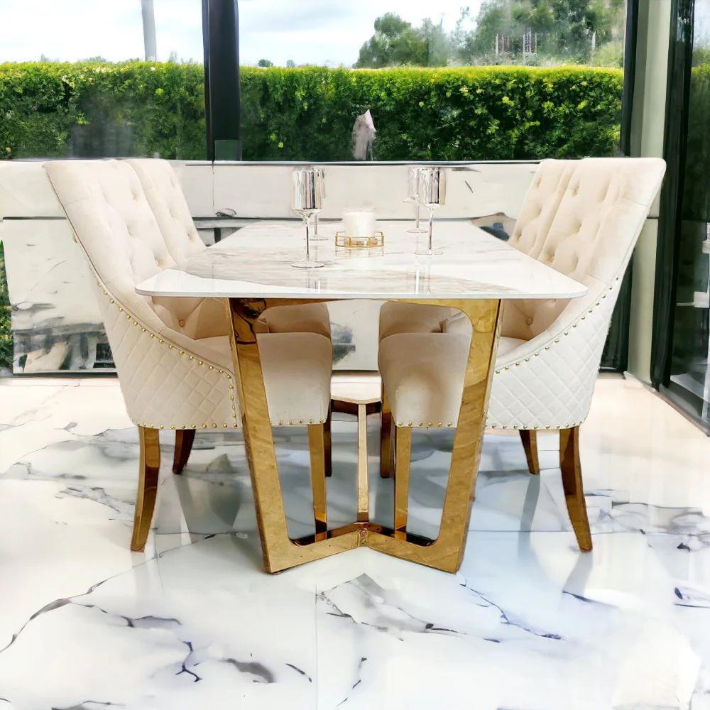 Lucien 1.8 Gold Dining Table with Pandora Gold Sintered Stone Top + Gold Leg Dining Chairs