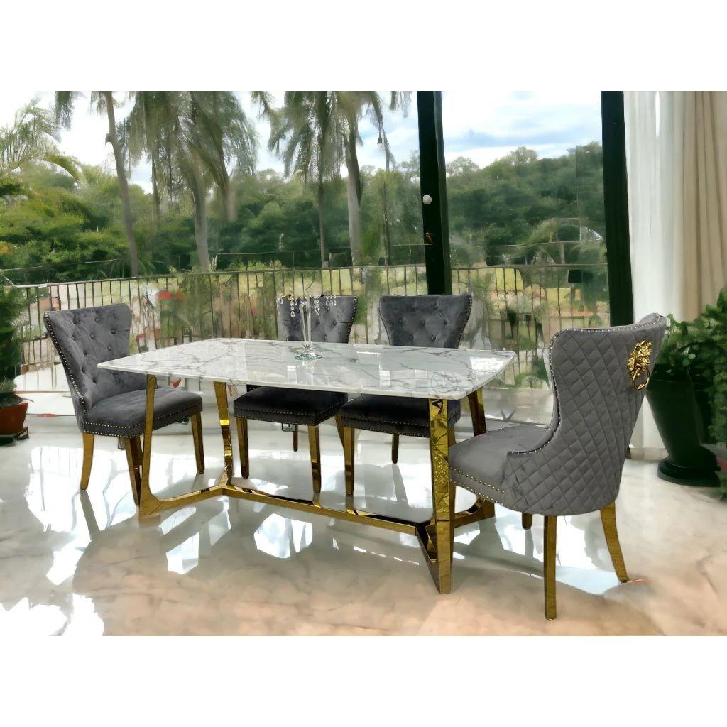 Lucien 1.8 Gold Dining Table with Pandora Gold Sintered Stone Top + Gold Leg Dining Chairs