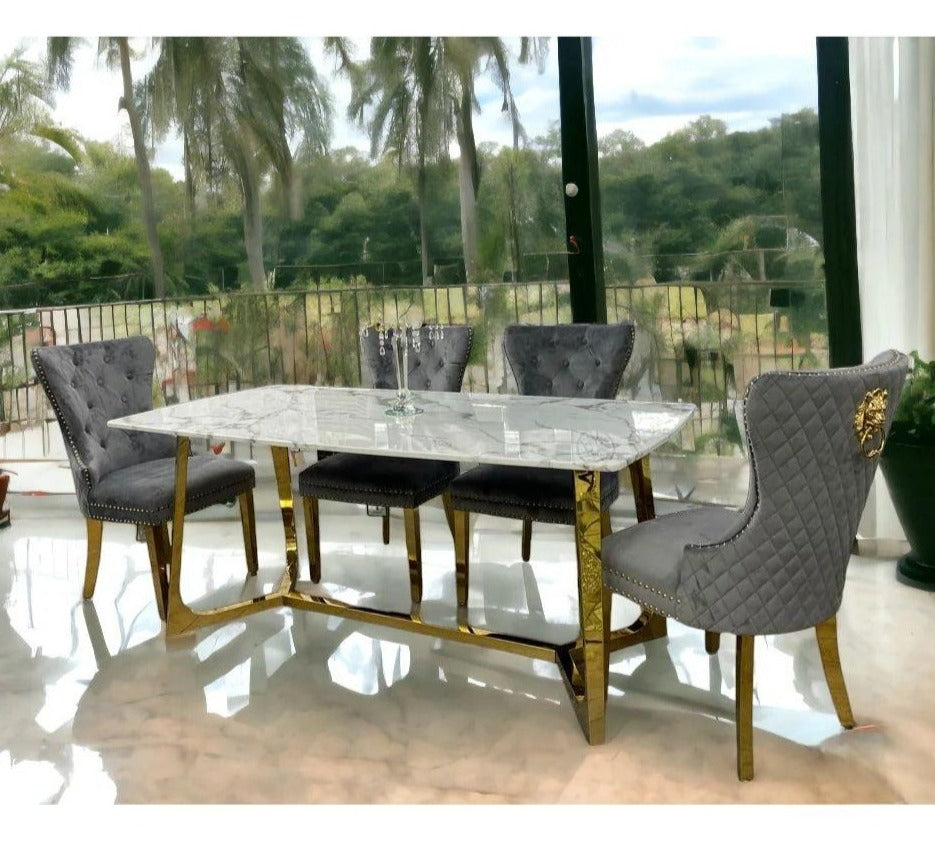 Lucien 1.8 Gold Dining Table with Pandora Gold Sintered Stone Top + Gold Leg Dining Chairs